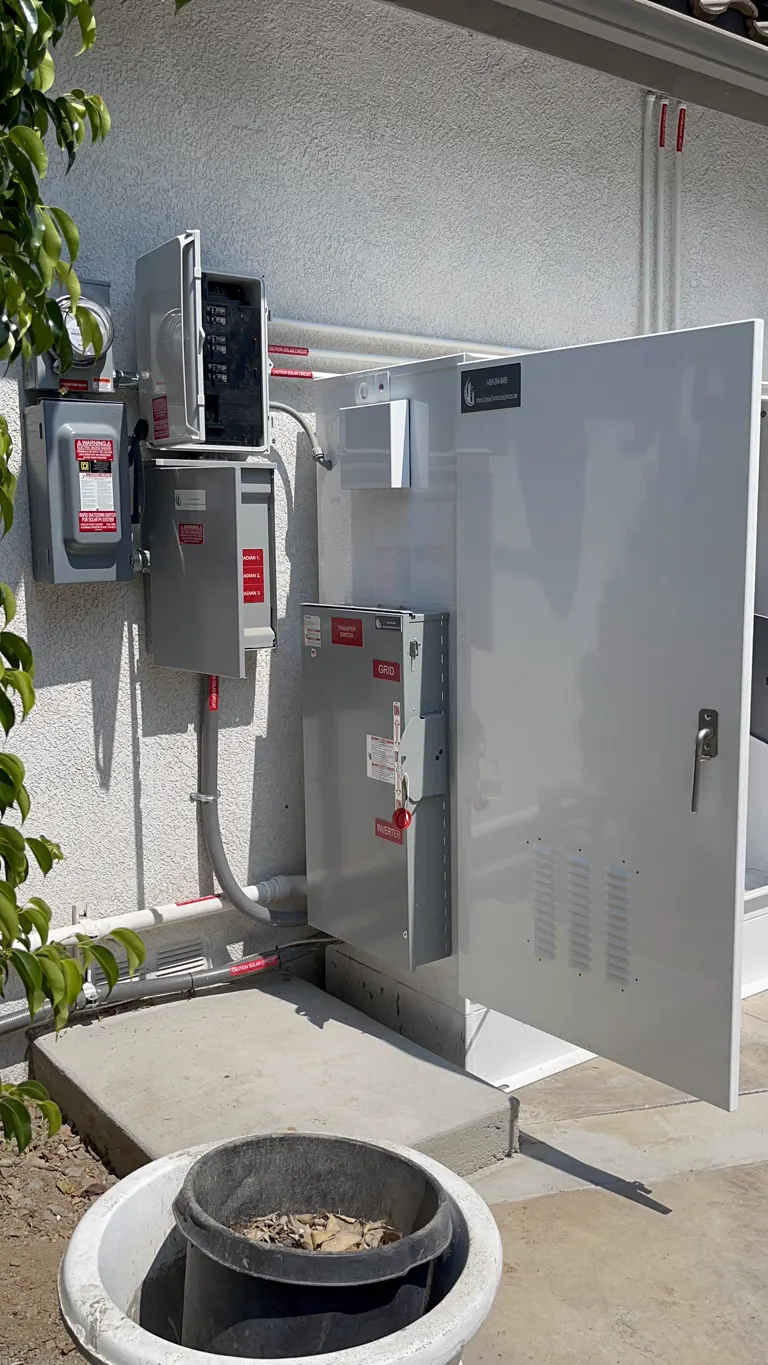 Close-up of solar meter, disconnect, and battery cabinet wiring